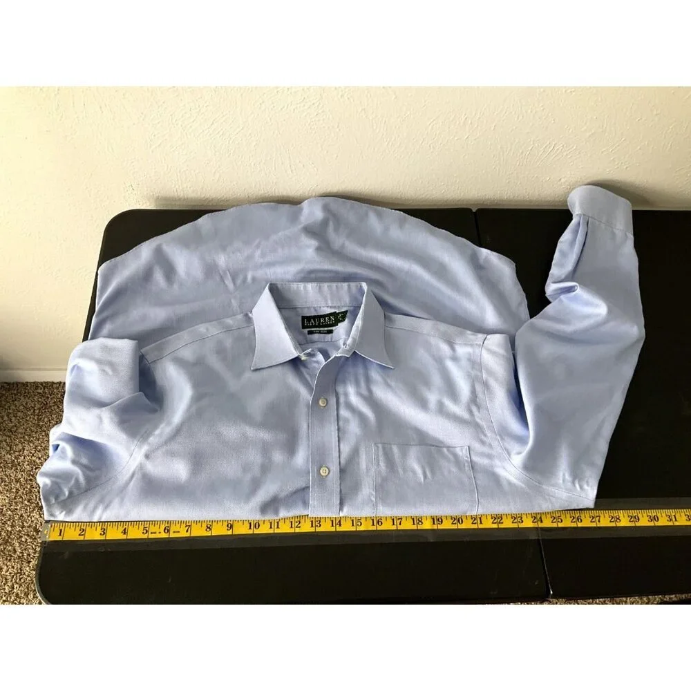 Polo Ralph Lauren Shirt Men 17 Blue 100% Cotton Long‎ Sleeve Button Non Iron